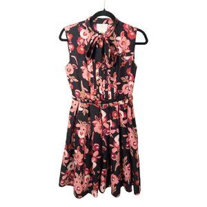 Kate Spade Red Floral Sleeveless Silk Dress With Bow Neckline Pleated Hem SZ 2